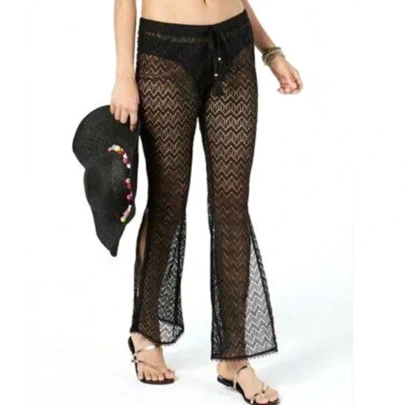 NWT, Miken Swim Black Palm Tree Crochet Cover-up Pants - Picture 3 of 13